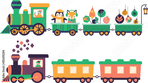 Whimsical cartoon illustration of a charming green steam locomotive pulling colorful carriages filled with cute animal passengers and festive holiday decorations on a white background