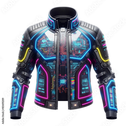 Cyberpunk jacket with glowing neon lights and circuit designs.