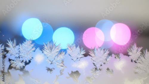 Frost Pattern Forming on Cold Surface With Bokeh Lights Backdrop