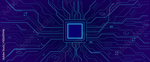 Glowing light blue neon AI chip with thin circuit contact lines. Technology lines circuit and dots on blue background, circuit board network connection.