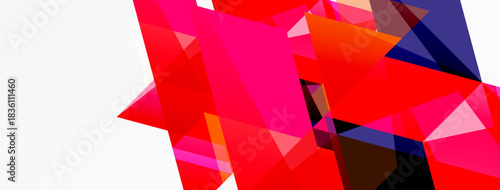 Abstract geometric shapes, vibrant colors, dynamic composition. Pink, red, purple hues dominate design. Modern aesthetic.