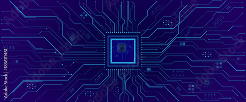 Glowing light blue neon AI chip with thin circuit contact lines. Technology lines circuit and dots on blue background, circuit board network connection.