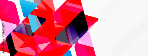 Abstract geometric shapes overlap, creating vibrant red, pink, blue composition. White space dominates right side. Modern design.