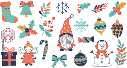 Collection of festive hand drawn christmas ornaments and decorations including a gnome snowman stocking candy cane snowflakes baubles gifts bows and holly branches creating a cheerful holiday theme