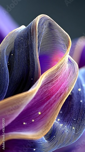 Artistic purple layered petal formation with golden edges and sparkling highlights digital design render