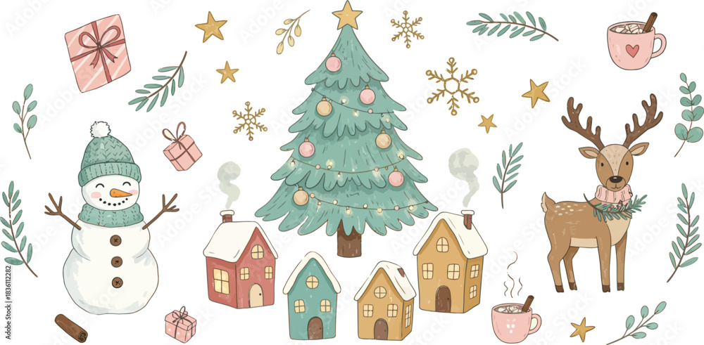 Fototapeta premium A festive Christmas card vector illustration with a deer, featuring winter holiday decoration elements, snow, and a stylized Christmas tree ornament