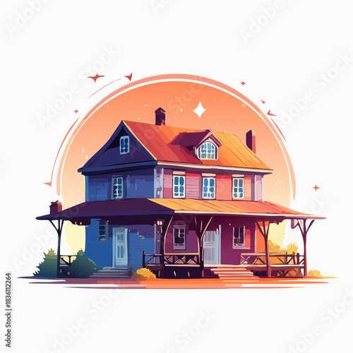 Colorful cartoon house with sunset background.