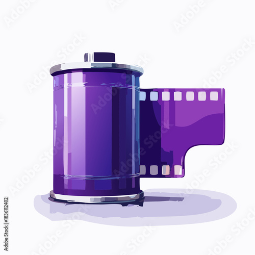 Purple film roll with exposed film strip on a white background, vector illustration.