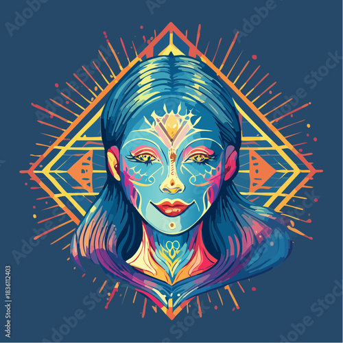 Vibrant portrait of a woman with intricate face paint and geometric background.