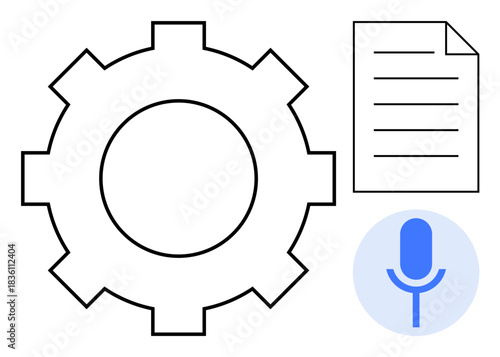 Automation, technology, digital workflow, productivity tools, voice recognition, innovation. Gear, document and microphone icons in clean design. Automation and technology as central