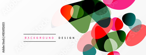 Abstract colorful overlapping shapes create modern background. Pink, green, red hues dominate design, offering vibrant visual experience.