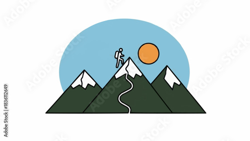 A person climbing a snow-capped mountain under a blue sky with the sun shining brightly.