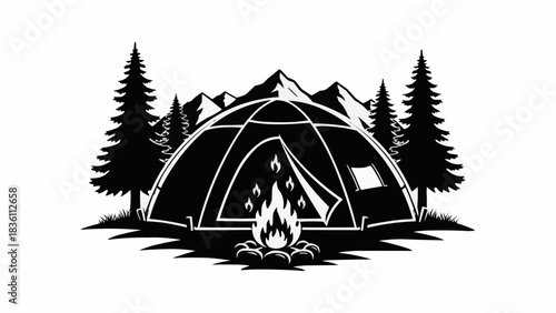 Monochrome graphic illustration of a camping scene with a tent, campfire, pine trees, and mountains.