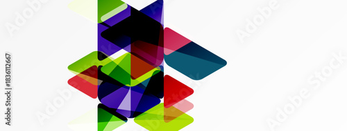 Abstract composition featuring overlapping colorful shapes. Geometric forms create dynamic visual texture, vibrant hues dominate white space.