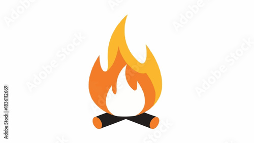 A simple, stylized illustration of a campfire with orange and yellow flames burning above two dark logs on a white background.