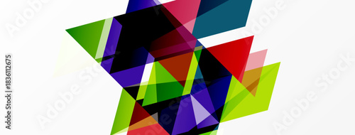 Abstract geometric shapes overlap, creating vibrant colorful composition. White background emphasizes dynamic design elements.