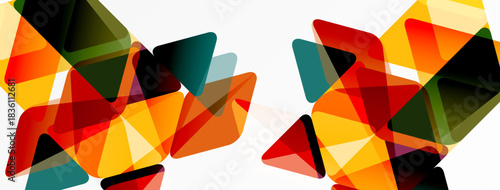 Abstract geometric shapes overlap, creating vibrant color patterns. Orange, red, green tones dominate composition. Modern design element.