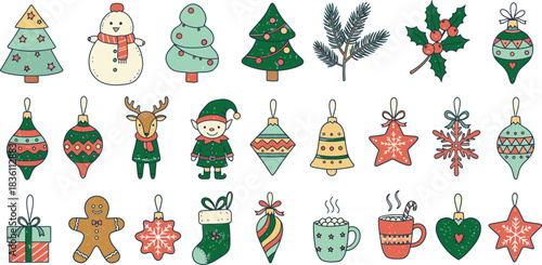 Christmas tree vector icons set with Santa, snowman, and gifts for holiday decoration and new year celebration