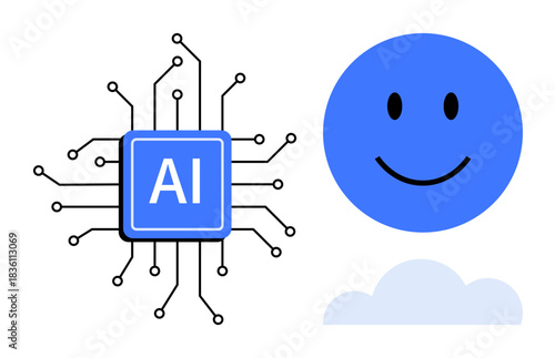 Artificial Intelligence concept. Artificial Intelligence symbol with a microchip design and happy face denoting AI-powered solutions. Artificial Intelligence in technology, innovation, and cloud