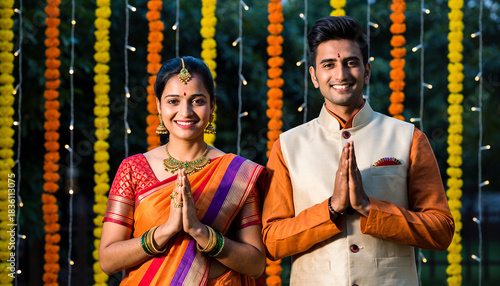 Joyful Indian couple in traditional attire greeting with Namaste hands against vibrant festival decorations