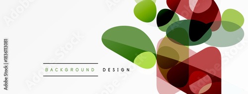 Abstract vector illustration. Overlapping circles, various colors. Minimalist design with text elements, clean aesthetic. Background appears light gray.