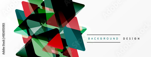 Abstract geometric shapes overlap, creating dynamic visual texture. Green, red, teal hues dominate white space. Modern design element.