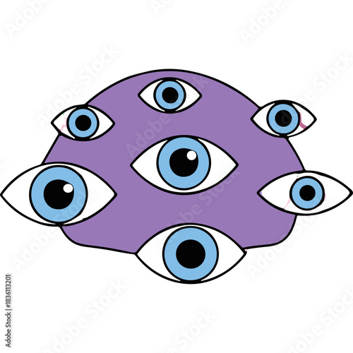 Abstract Surreal Illustration of a Purple Blob Covered in Multiple Blue and White Eyes on a Black Background Representing Vigilance or Observation