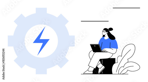 Productivity concept. Productivity illustrated with a gear and lightning symbol efficiency, alongside a woman working on a laptop. For business, technology, work, innovation, time management