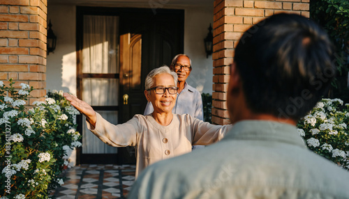 Joyful mature Asian woman warmly welcoming family member home on sunny porch with blooming flowers