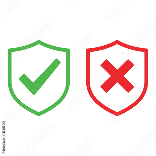 Two shields, one with a green checkmark for approved and one with a red cross for rejected