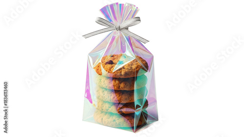 Obraz na płótnie Stack of oatmeal raisin cookies in iridescent gift bag isolated PNG, homemade ba