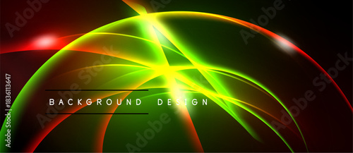 Abstract vibrant background. Green, red, yellow light streaks create dynamic curved shapes. Text reads background design. Modern digital illustration.