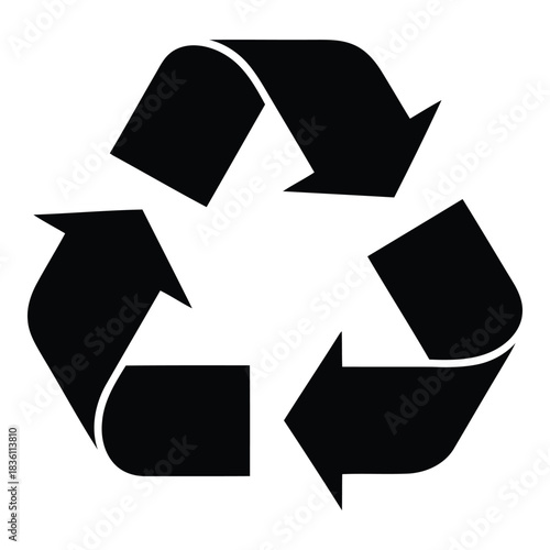 Recycling symbol in black on a white background, representing waste management and environmental protection