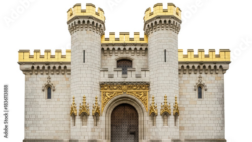 Fairytale castle gatehouse PNG isolated on transparent background, medieval architecture with golden accents for fantasy designs