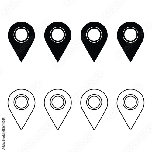 Collection of eight map pin icons in solid black and outline styles