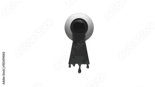 Abstract black liquid dripping from a white sphere, creating a keyhole shape, conceptual art, graphic element