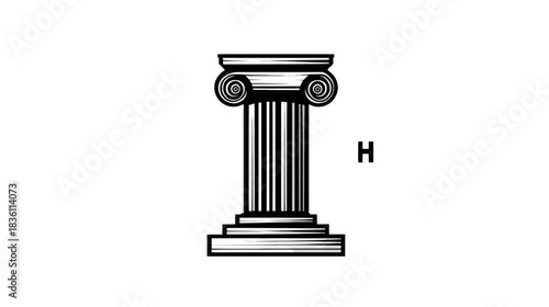 Detailed black and white illustration of a classical Ionic column, featuring volutes and fluted shaft, architectural design element.