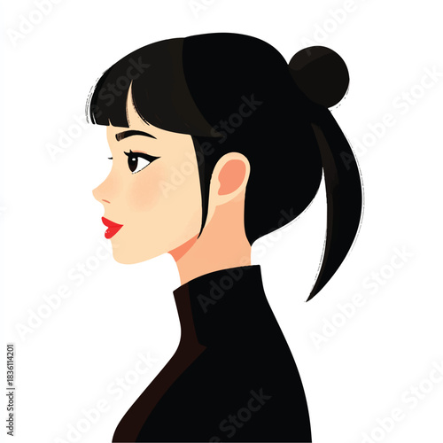  Elegant woman with black hair in a side profile portrait.