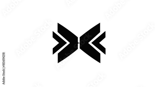 Modern black abstract geometric symbol design with arrow shapes, minimalist graphic element isolated on white background.
