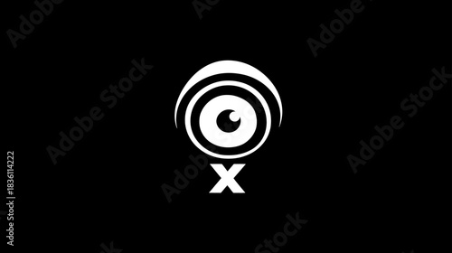 Abstract Eye and Camera Lens Icon with Letter X, Modern Geometric Vision Surveillance Technology Symbol on Black Background