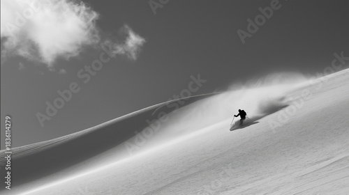 Ridge corn snow turns, smooth creamy texture, skier relaxed and balanced, subtle spray, sky clean and bright