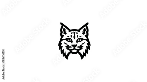 Stylized black and white lynx head illustration. Wild cat face with ear tufts, intense gaze. Perfect for logo, mascot, or emblem design.