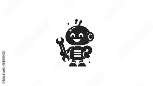 Friendly robot character holding a wrench and gear, black and white AI mechanic icon, cute tech repair illustration