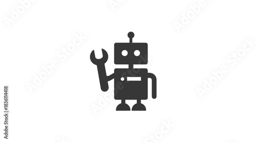 Cute robot icon holding a wrench, symbolizing AI, automation, repair, and technology. Simple black and white graphic design.