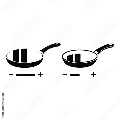 Two frying pans with plus and minus signs indicating temperature control or heat levels
