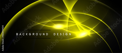 Abstract yellow lines form curved shapes over dark background. Text reads background design. Bright center radiates energy, creating dynamic visual effect.