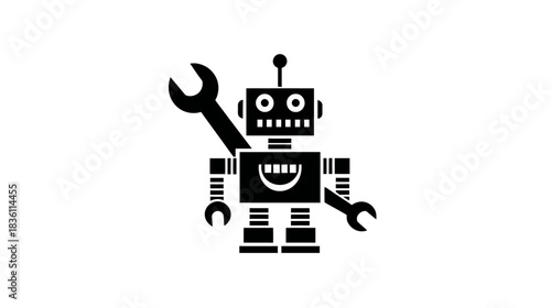 Black silhouette icon of a friendly robot holding wrenches, symbolizing repair, maintenance, automation, and tech service