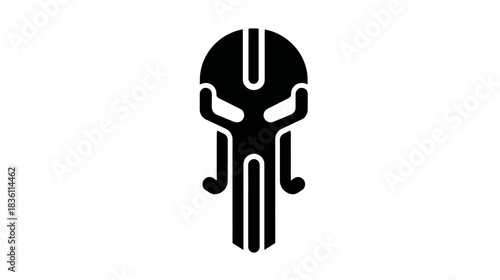 Stylized black abstract skull mask graphic icon on white background, menacing futuristic helmet design, dark vector illustration