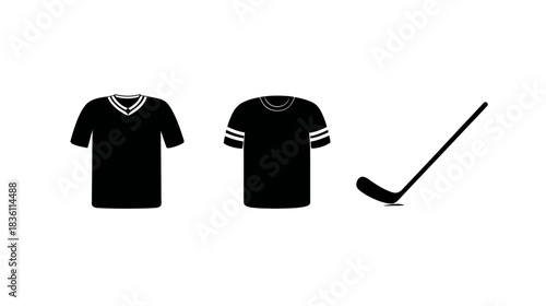 Black Sports Jerseys and Hockey Stick Vector Icons. Graphic Silhouettes of Athletic Apparel and Equipment on White.
