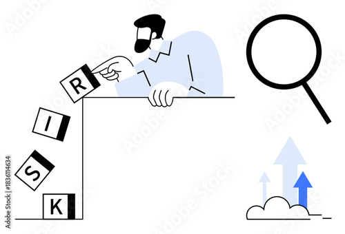 Man examines blocks spelling RISK, falling over edge, analysis magnified by glass, next to rising arrows. Ideal for risk management, problem-solving, business growth, analysis, decision-making